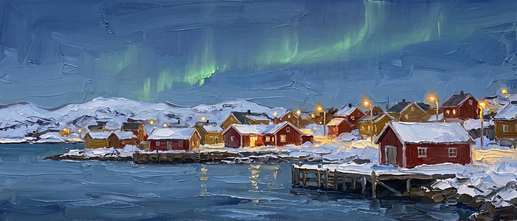 A scale model of a small harbour town at dusk seen across the water, windows and street lamps coming on.