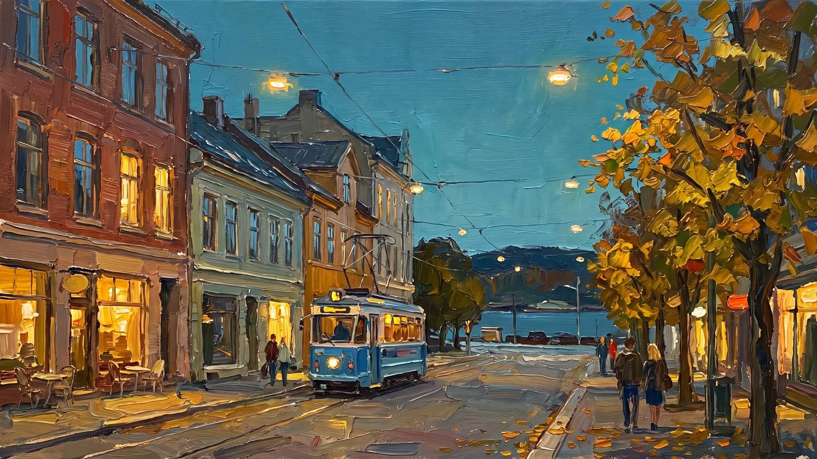 A painting of an Oslo street on an autumn evening, a blue tram, lit cafe windows and the fjord at the end of the street.