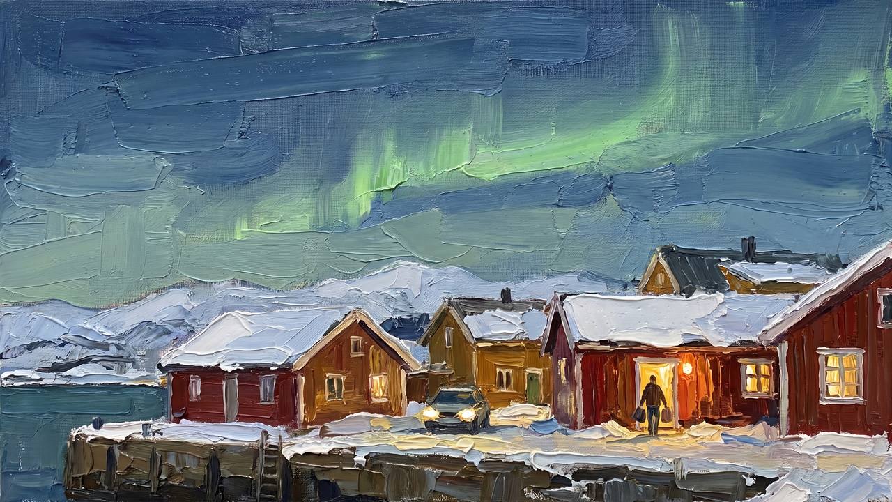 A scale model of a Nordic coastal village at first light, snow on the roofs, one figure with bags in a lit doorway.