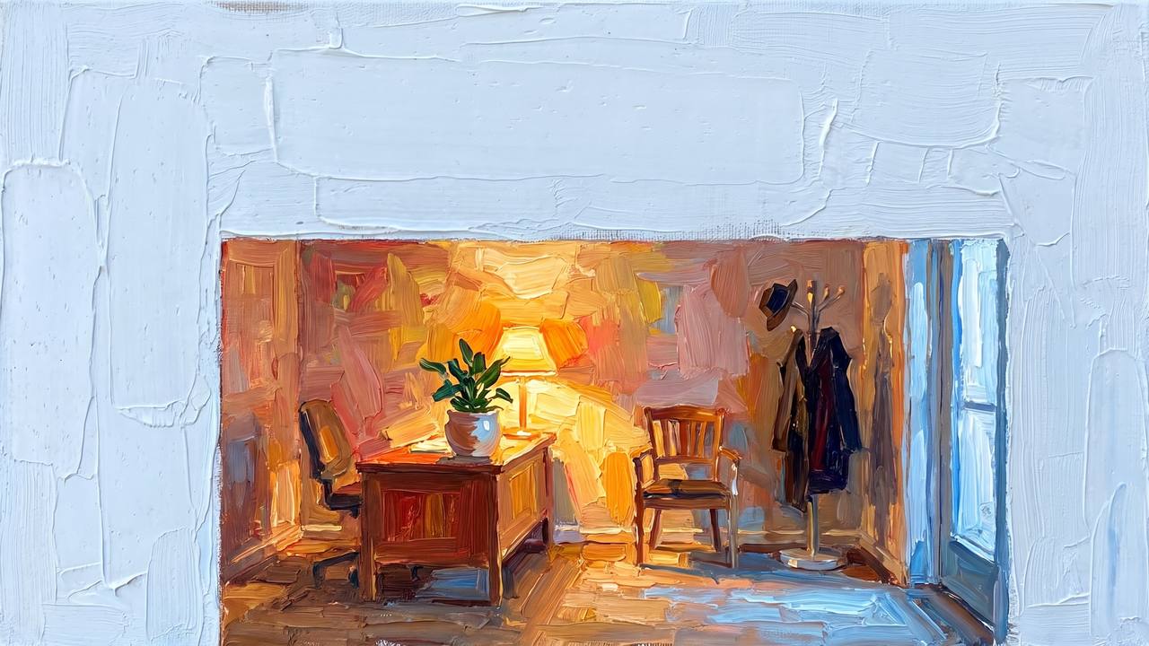 A scale model of a small reception area just inside a front door, a lamp lit on a low desk.