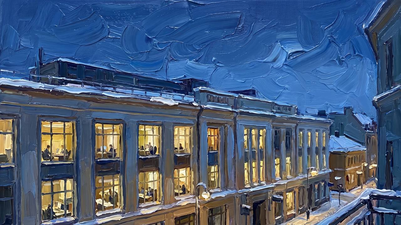 A scale model of a city office floor at dusk, several windows lit warm against a blue evening sky.
