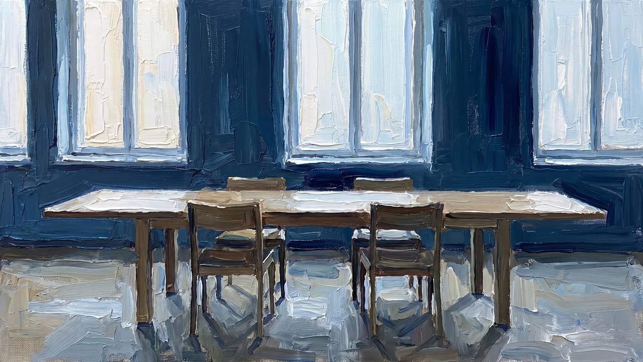 A scale model of an empty meeting room, a long table with two chairs facing each other in cool morning light.