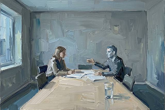 A scale model of two figures at a long table with papers spread between them.
