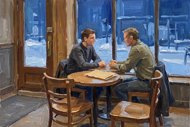 A scale model of two figures talking across a small cafe table, one closed folder between them, and a third chair left empty.