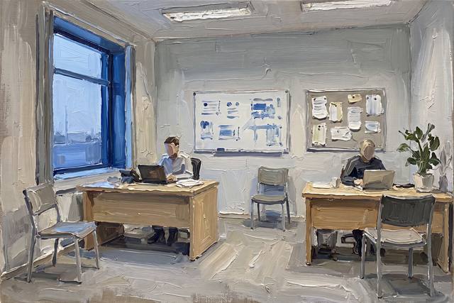A scale model of a small plain office corner in flat daylight, two figures working at desks.