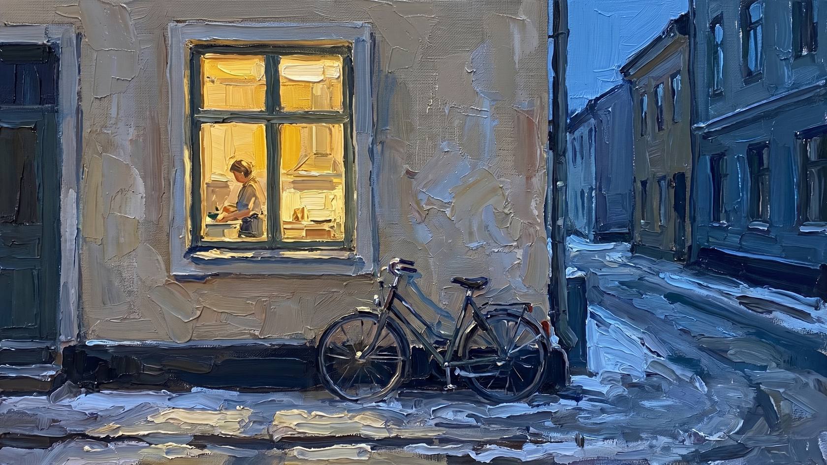 A scale model of a lit kitchen window seen from the street at dusk, a bicycle against the wall below it.