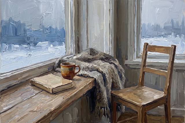 A scale model of a quiet window seat, a closed notebook and a cup on the sill.