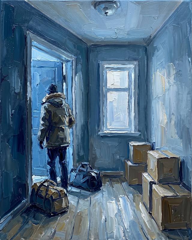 A scale model of a hallway at dawn, a figure closing the front door, two packed bags on the floor.