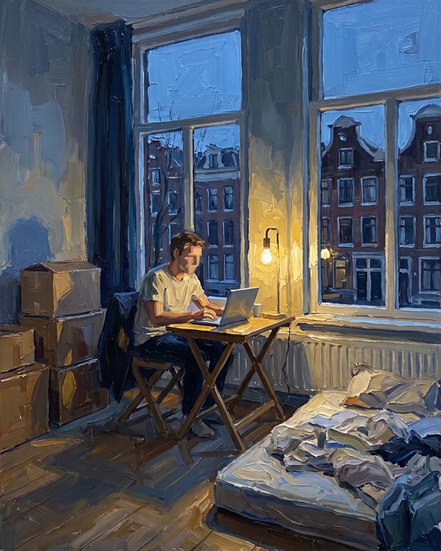 A scale model of an unfurnished flat in the evening, one lamp, a laptop on a folding table, boxes against the wall.