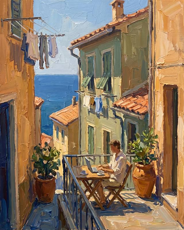 A scale model of a narrow balcony in late afternoon sun, a figure with a laptop, a washing line and terracotta roofs.